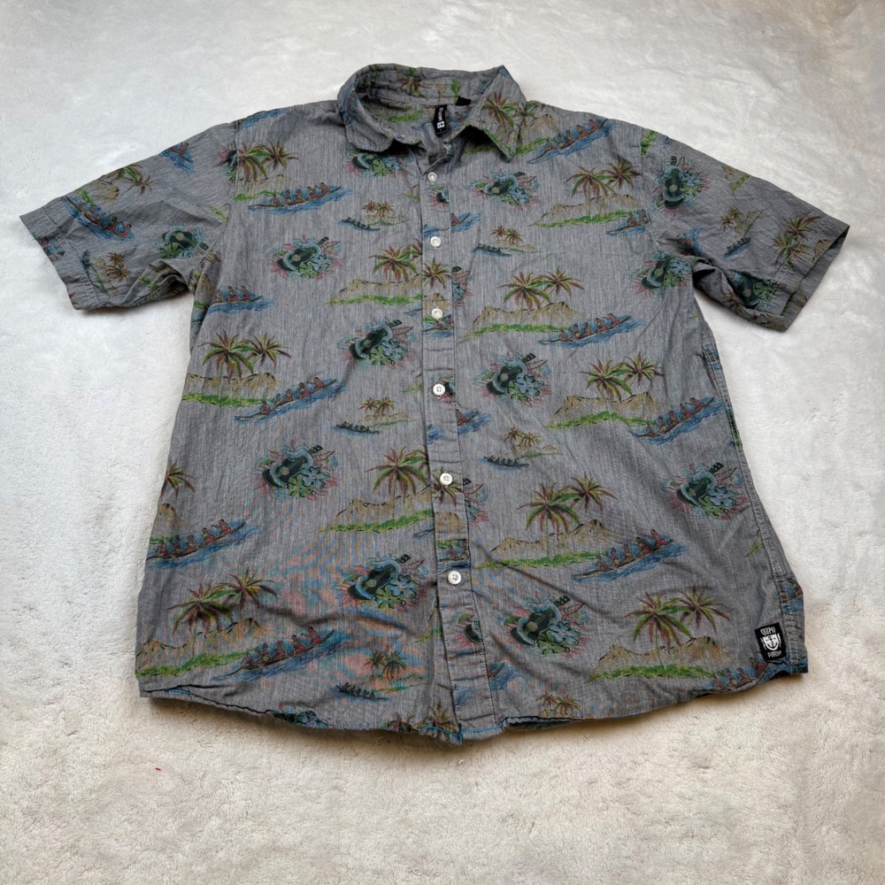 Ocean Current Gray Hawaiian Shirt Palm Trees‎ Canoes Men's Size Large